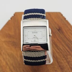 Geneva Women's Silver Tone Bracelet Cuff Watch Navy Blue Preppy Old Money